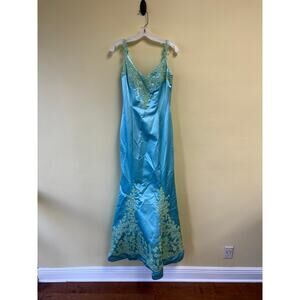 Jovani Aqua Blue Satin Mermaid Gown with Floral Lace Appliqué Size 8